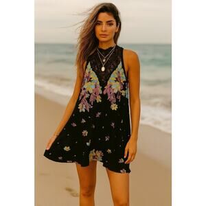 NWT Free People Marsha Printed Slip Floral Lace Dress Onyx Combo Size S